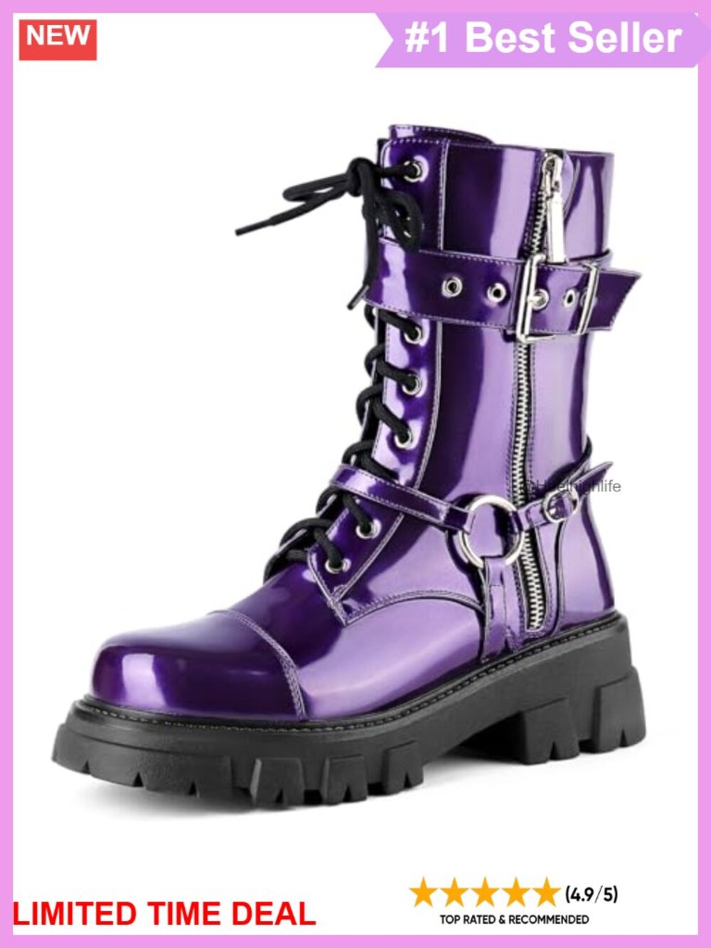 Mid-Calf Motorcycle Combat Boots Lug Sole Lace Up Side Zipper Harness Biker